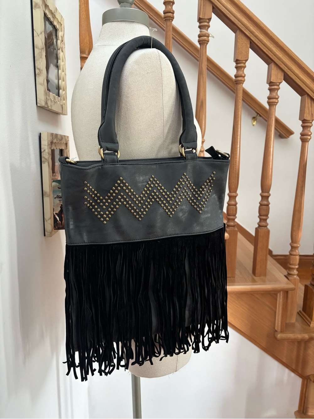Heritage West Black Fringe Leather Studded Shoulder Bag with Crossbody Straps